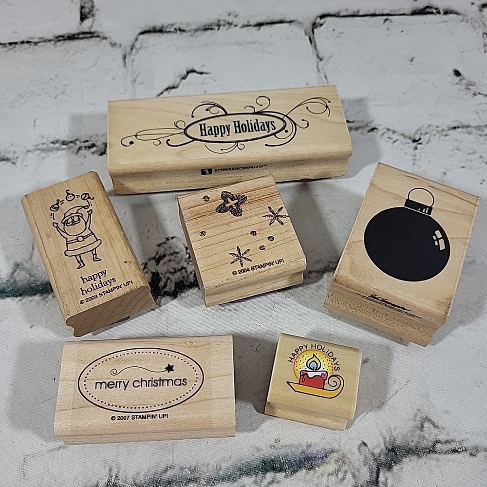 Rubber‎ Stamps Christmas Lot Of 6 Happy Holidays Santa Snowflakes Wood Mounted